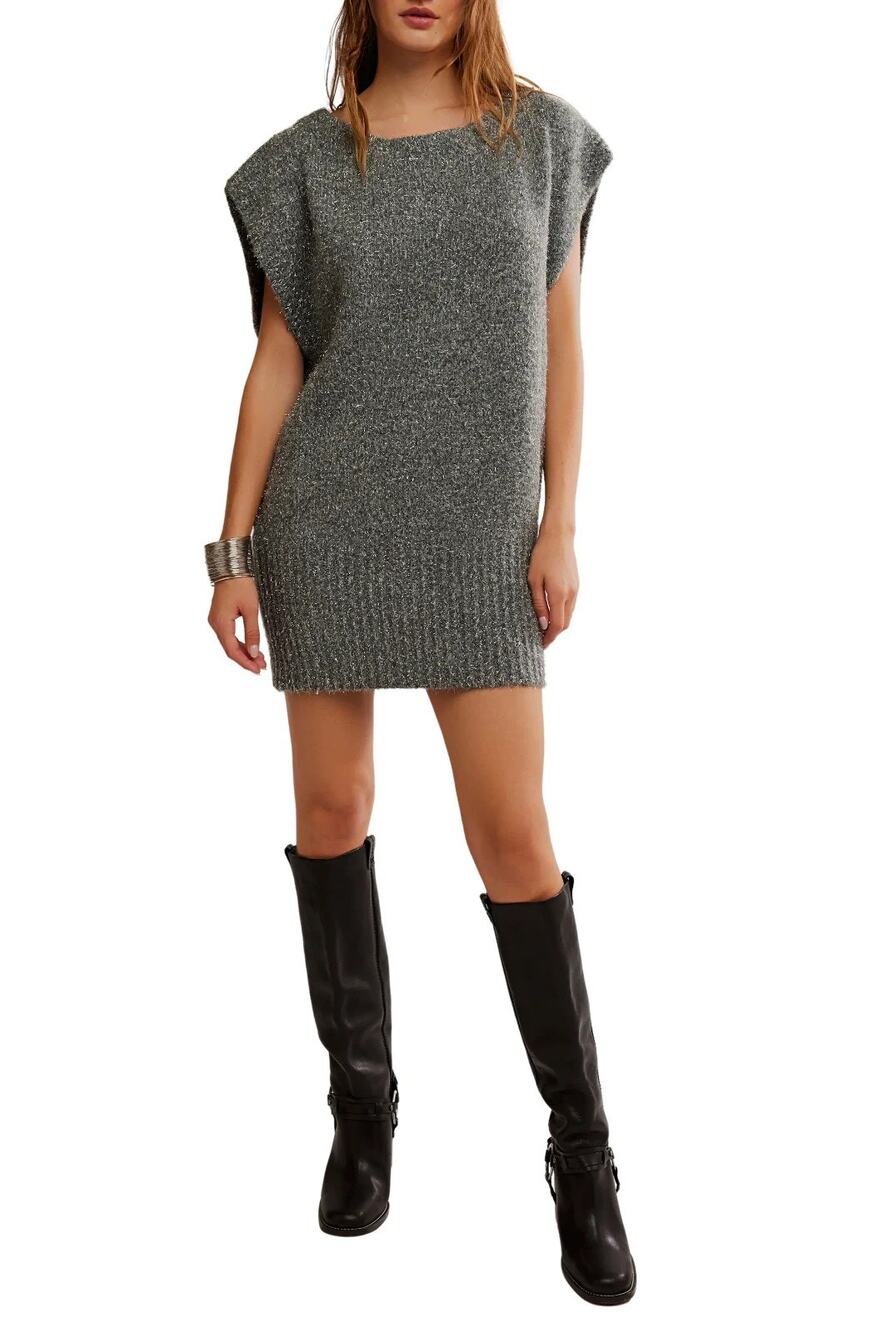 Free People Talia Sweater Mini Dress Sleeveless Grey Sparkle Size M NEW